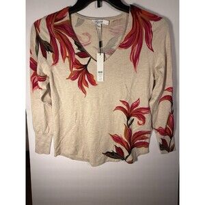 Chico's Knit Pullover Sweater Light Neutral Heather Floral V-Neck Size 1 NWT